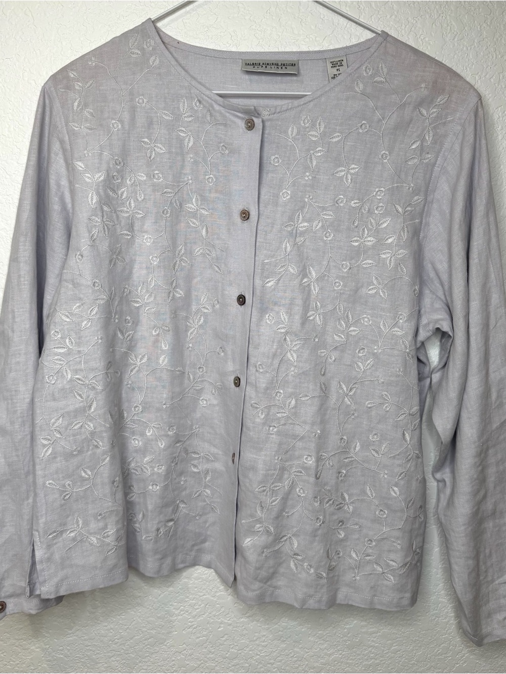 Vintage 90s Valerie Stevens Linen Top Embroidered Button Front Floral PS Blue